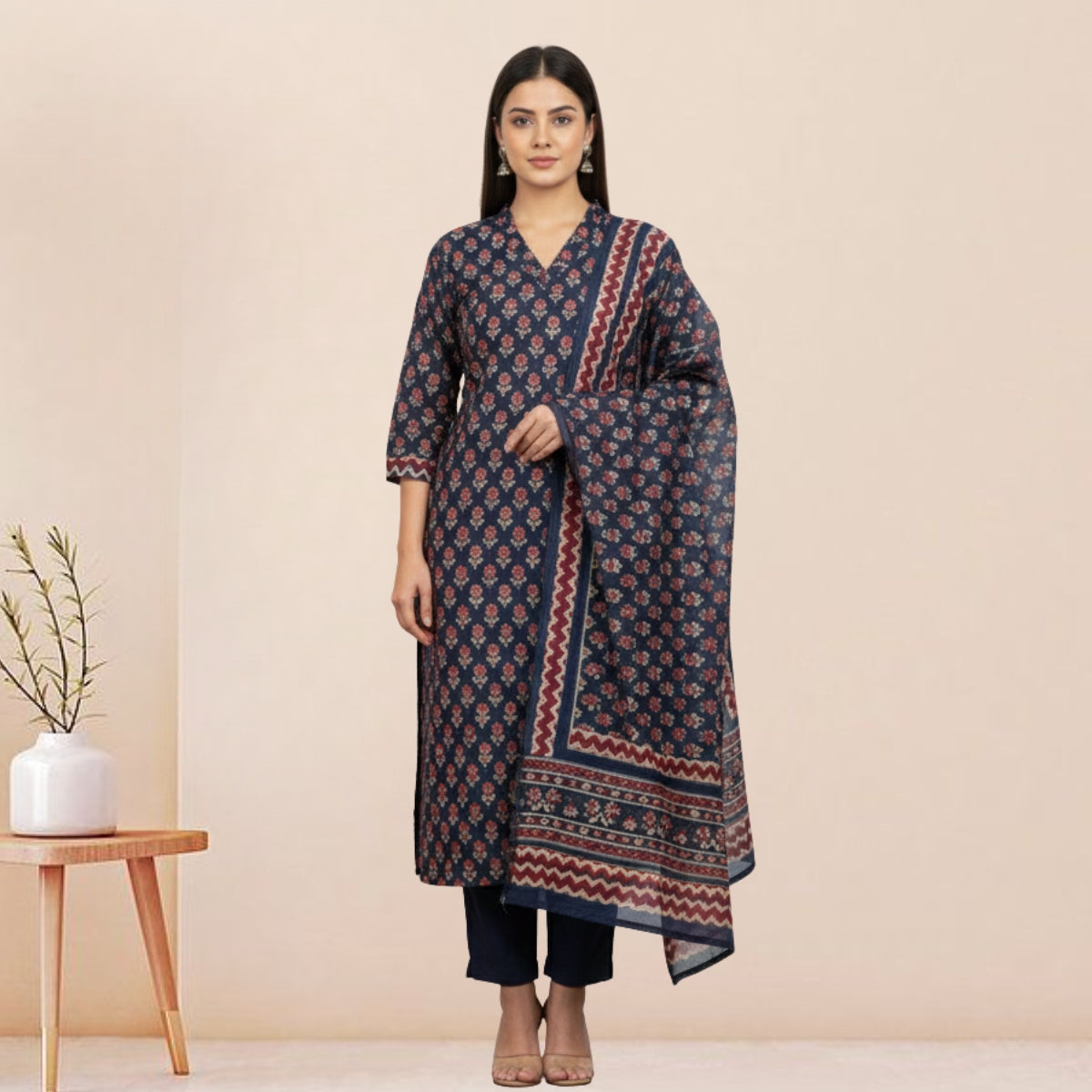 Women's Pack of 3 Pure Cotton Kurtis with Pant & Dupatta | C-06