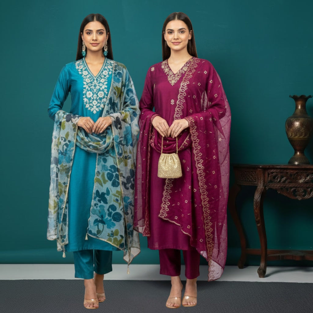 Pack of 2 Premium Cotton Kurtis with Pant & Dupatta – Casual Ethnic | C-07