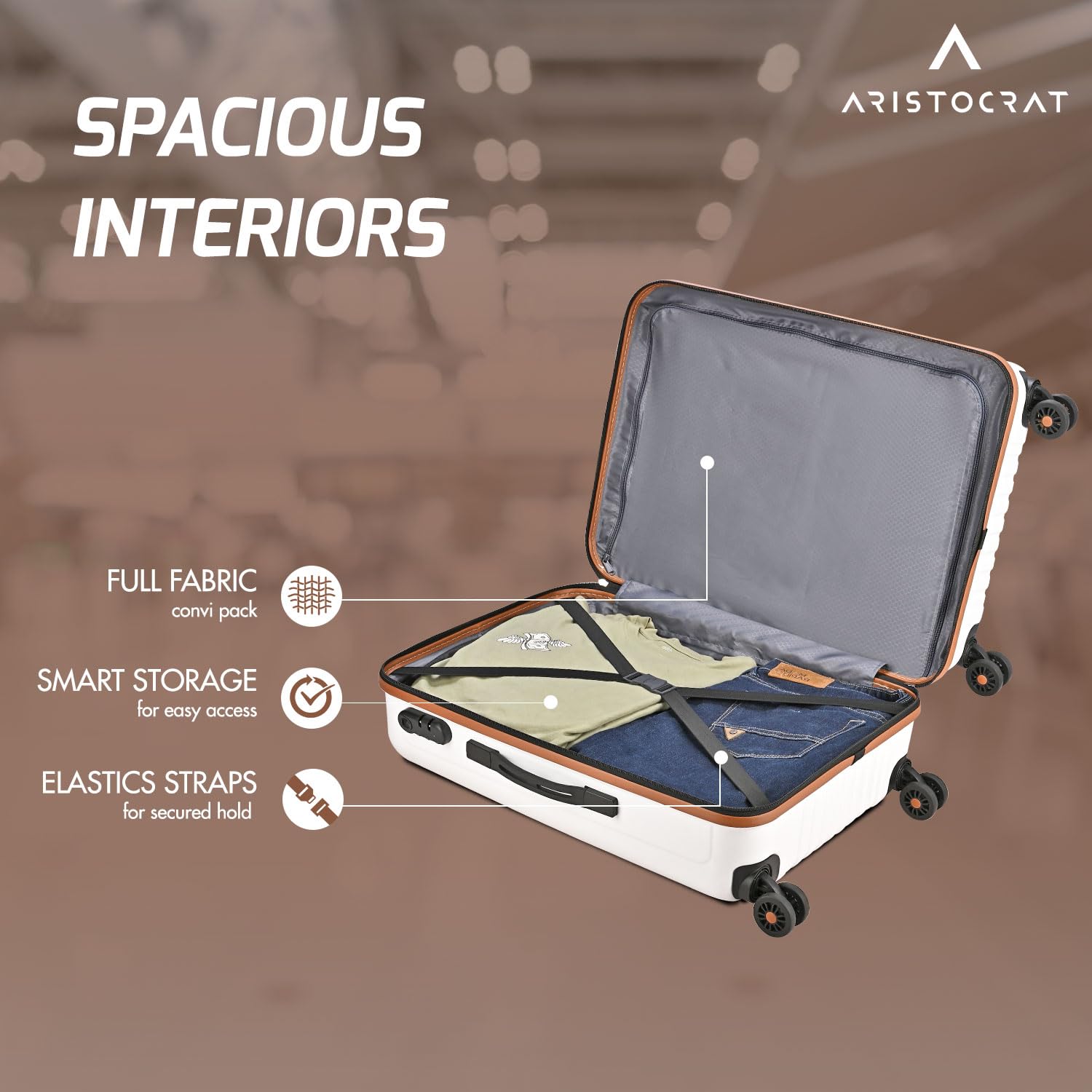 Aristocrat Atlas Set of 3 Trolley Bag Hard Luggage Smooth 8-Wheel Suitcase  3 Years Warranty  Off White