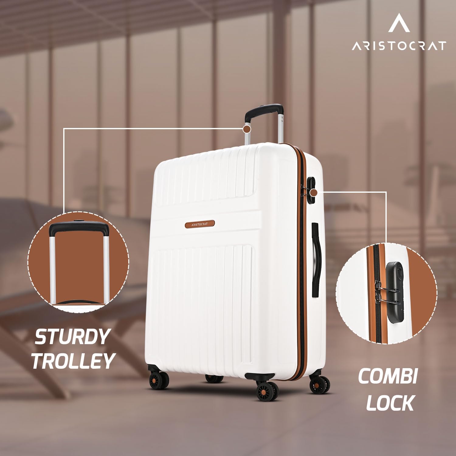 Aristocrat Atlas Set of 3 Trolley Bag Hard Luggage Smooth 8-Wheel Suitcase  3 Years Warranty  Off White