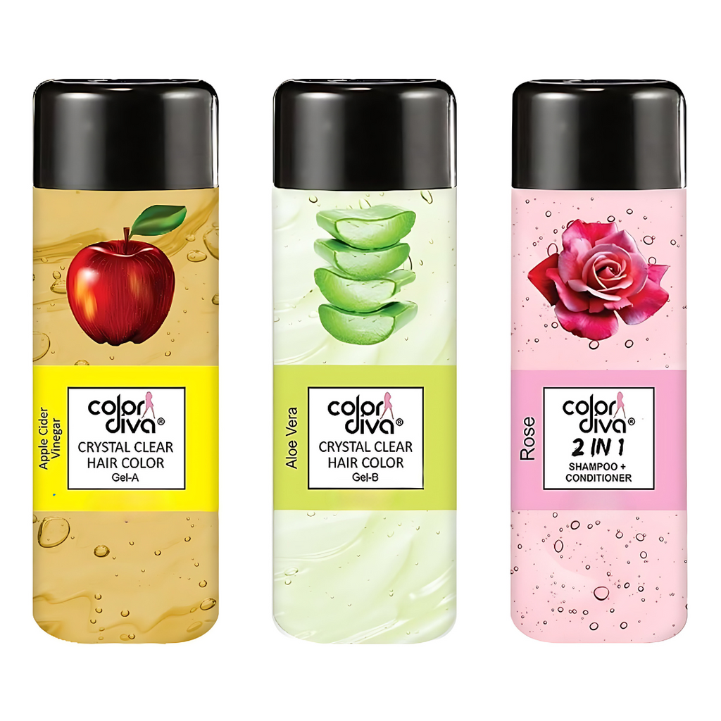 Color Diva Crystal Clear Amonia Free Hair Color Gel, 300Ml Black, For Men & Women, Alternate To Hair Dye Instant Result, No Paraben, (Apple And Aloe Vera Gel & Rose Shampoo+Conditioner)