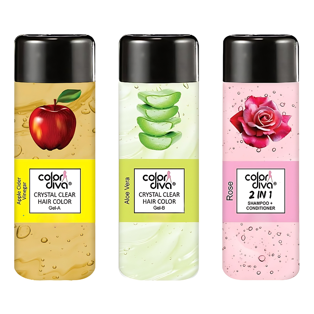 Color Diva Crystal Clear Amonia Free Hair Color Gel, 300Ml Black, For Men & Women, Alternate To Hair Dye Instant Result, No Paraben, (Apple And Aloe Vera Gel & Rose Shampoo+Conditioner)